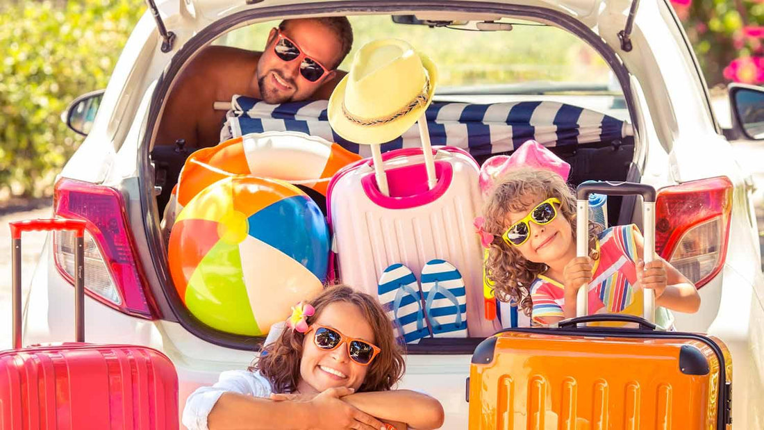 Family wearing matching swimsuits by pool