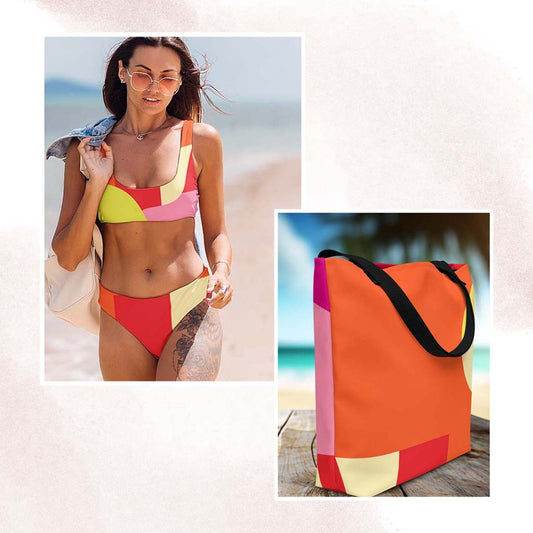 Essential Beach Bundle for Her Bikini and Tote - Sun Kissed Geometri