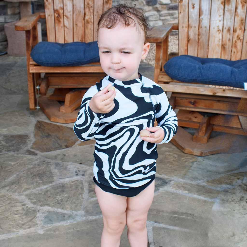 Matching Family Swimwear- Black N White Whirl - Girl's Toddler Rash Guard - Fam Fab Prints