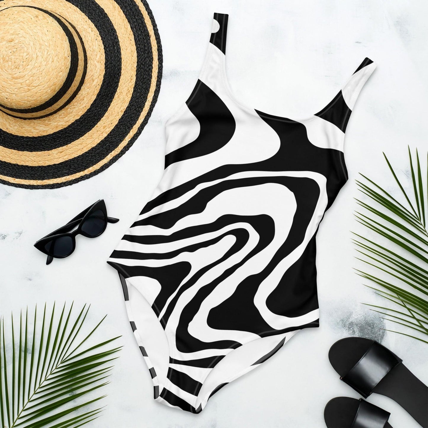 Matching Family Swimwear- Black N White Whirl - Women's One-Piece Swimsuit - Fam Fab Prints