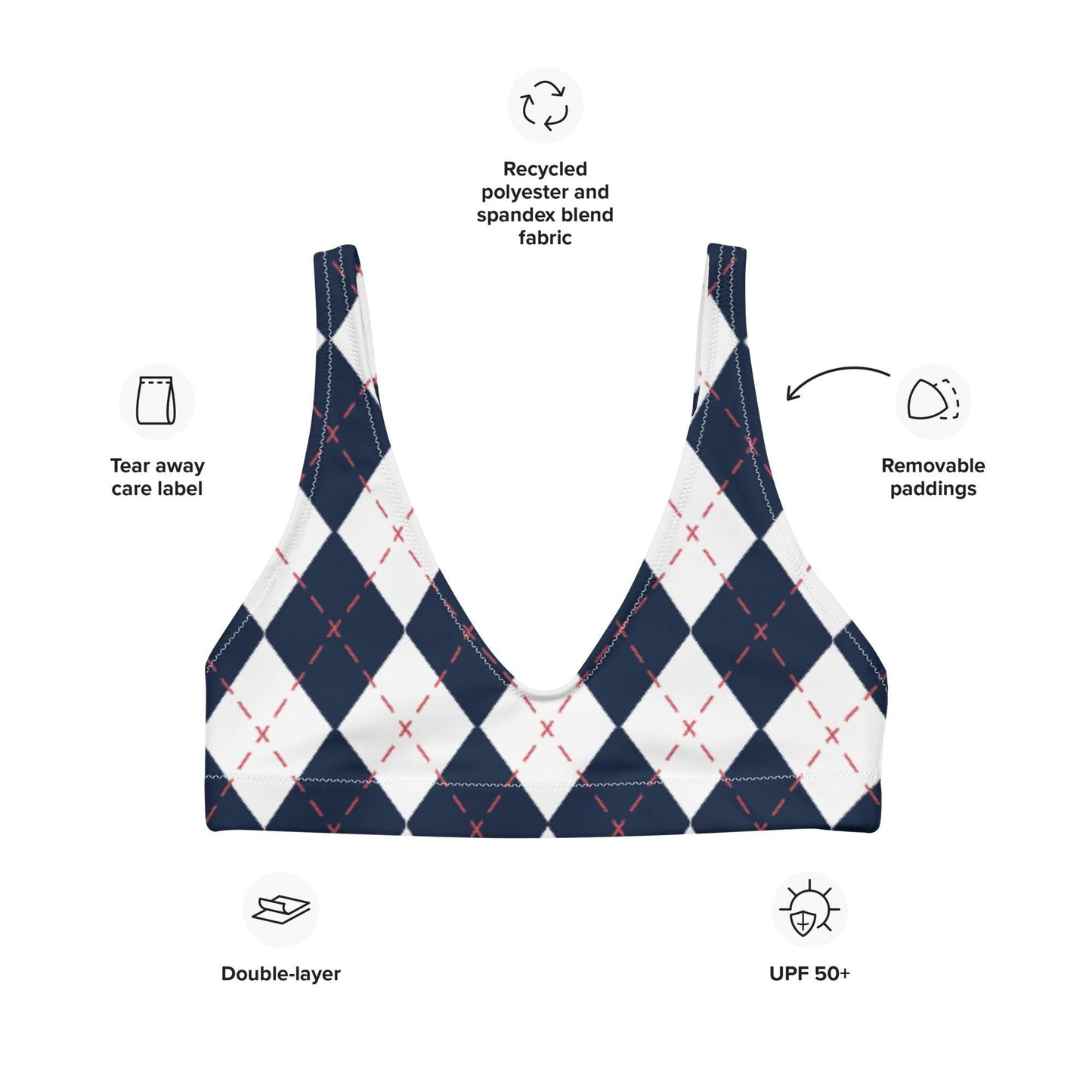 Matching Family Swimwear- Diamond Stitches - Women's Recycled Padded Bikini Top - Fam Fab Prints