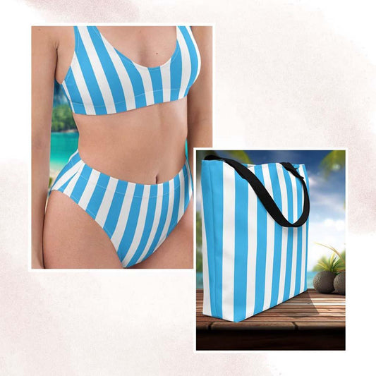 Matching Family Swimwear- Essential Beach Bundle for Her Bikini and Tote - Beach Stripes - Fam Fab Prints