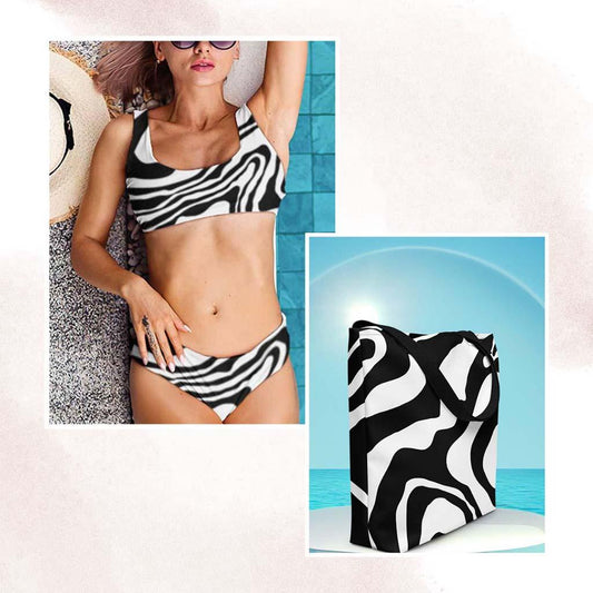 Matching Family Swimwear- Essential Beach Bundle for Her Bikini and Tote - Black N White Whirl - Fam Fab Prints