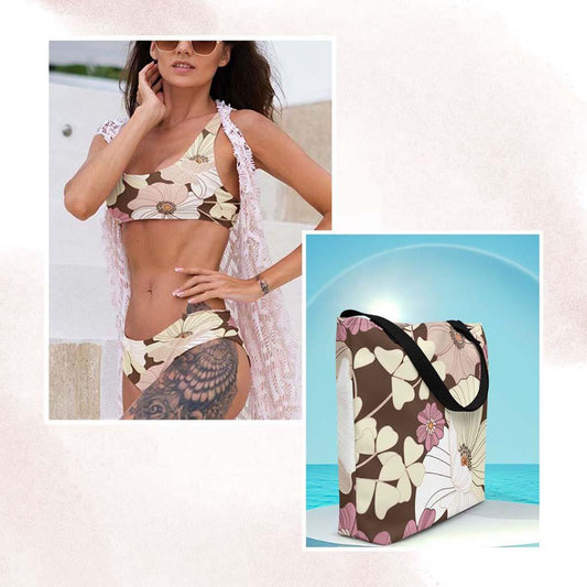 Matching Family Swimwear- Essential Beach Bundle for Her Bikini and Tote - Cream N Lavender Blooms - Fam Fab Prints