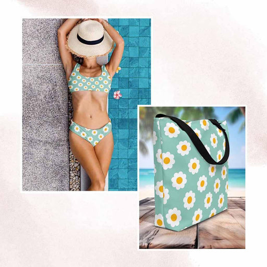 Matching Family Swimwear- Essential Beach Bundle for Her Bikini and Tote - Daisy Blue - Fam Fab Prints