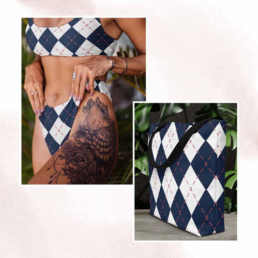 Matching Family Swimwear- Essential Beach Bundle for Her Bikini and Tote - Diamond Stitches - Fam Fab Prints