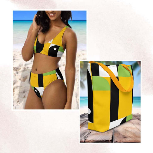 Matching Family Swimwear- Essential Beach Bundle for Her Bikini and Tote - Geometri Bold - Fam Fab Prints
