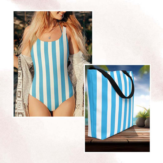 Matching Family Swimwear- Essential Beach Bundle for Her Swimsuit and Tote - Beach Stripes - Fam Fab Prints