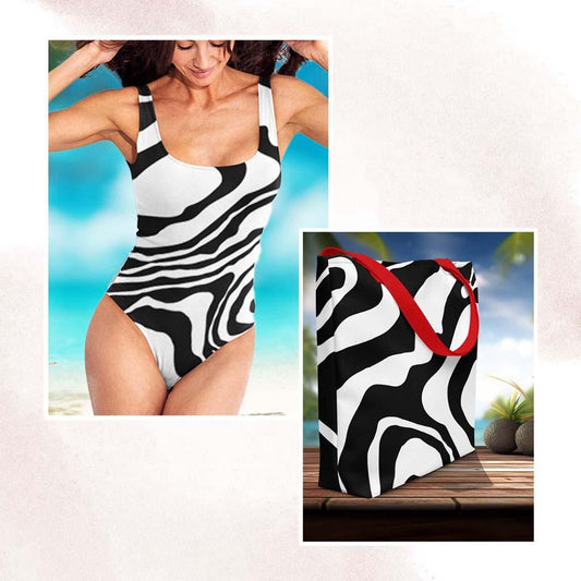 Matching Family Swimwear- Essential Beach Bundle for Her Swimsuit and Tote - Black N White Whirl - Fam Fab Prints