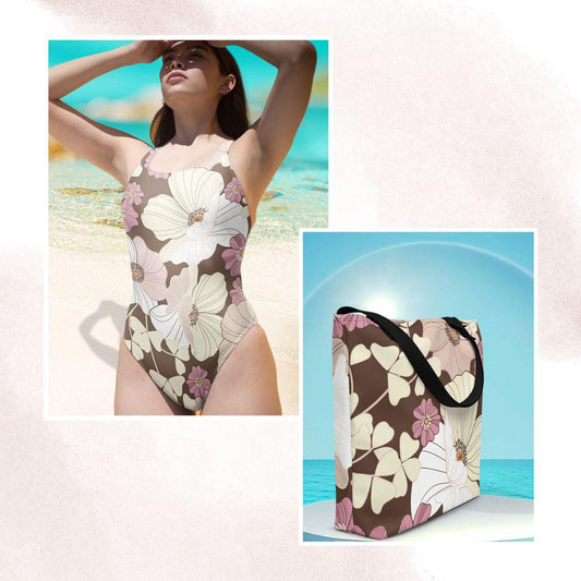 Matching Family Swimwear- Essential Beach Bundle for Her Swimsuit and Tote - Cream N Lavender Blooms - Fam Fab Prints