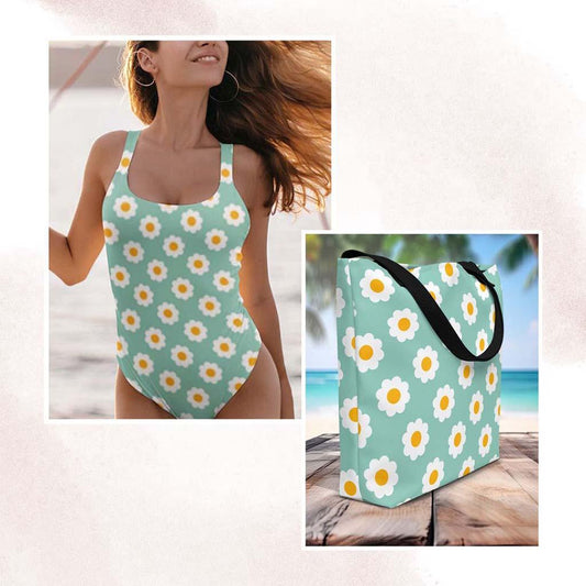 Matching Family Swimwear- Essential Beach Bundle for Her Swimsuit and Tote - Daisy Blue - Fam Fab Prints