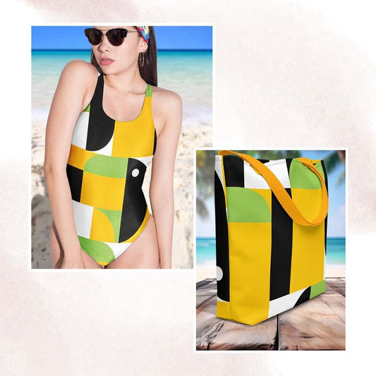 Matching Family Swimwear- Essential Beach Bundle for Her Swimsuit and Tote - Geometri Bold - Fam Fab Prints